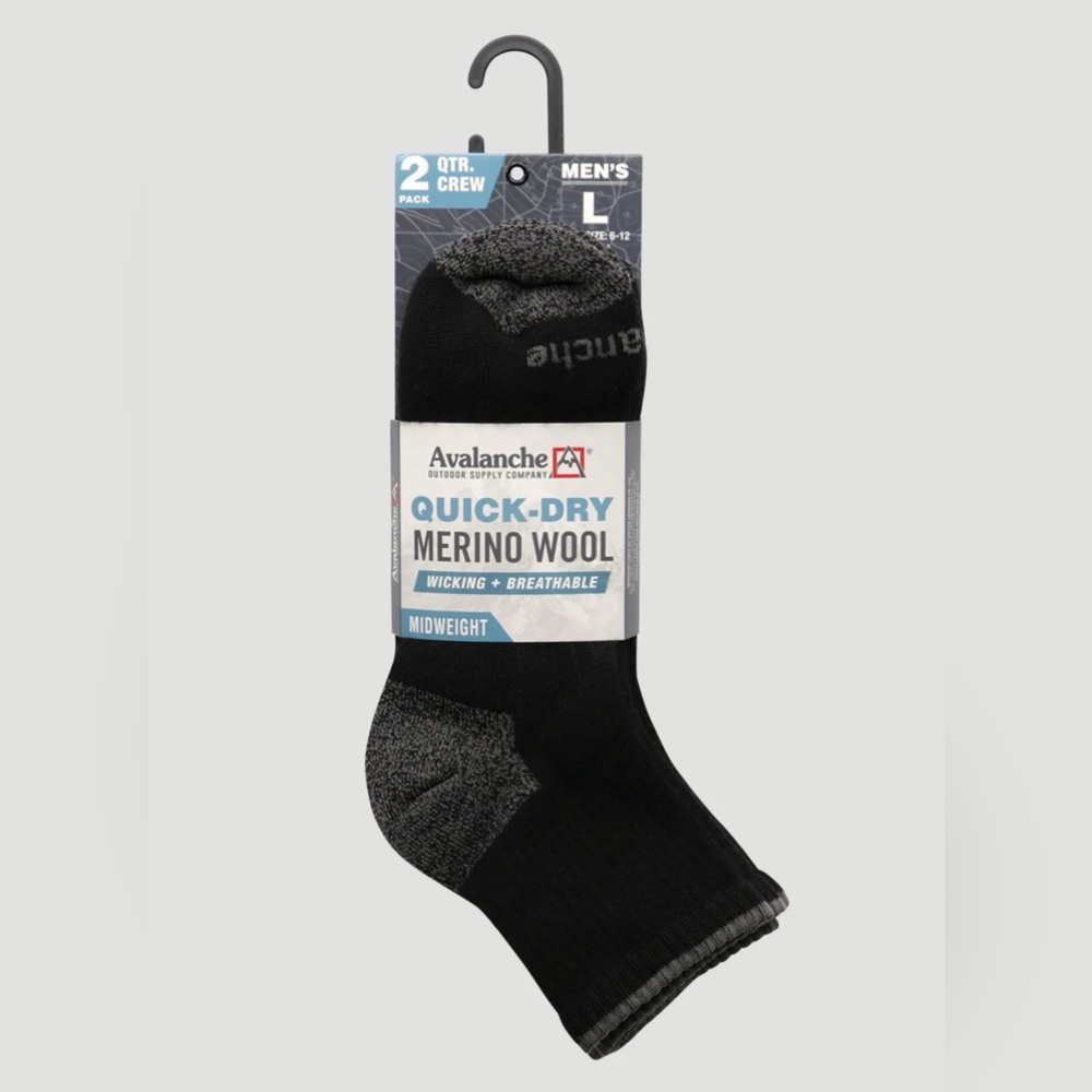Avalanche Merino Wool Socks Men’s Large Midweight Quick-Dry Hiking Black